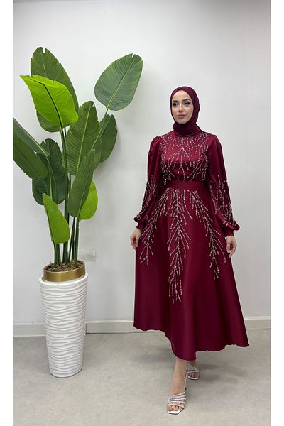 Tesettür Diyarı Burgundy Hijab Evening Dress - Women'S, Cushioned and Embroidered