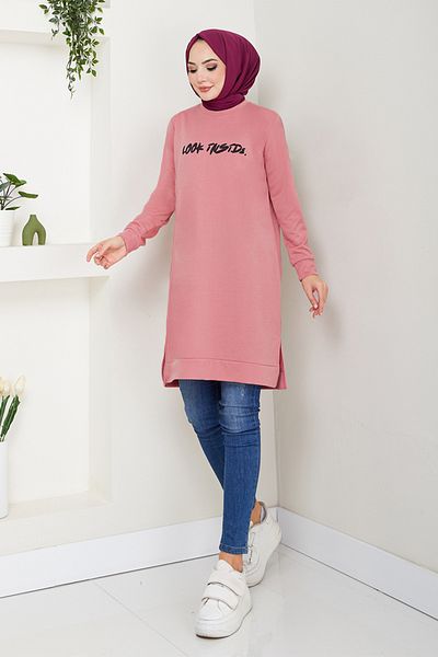 ModaMerve 788Ozr1047-M Dusty Rose Print Detailed Sports Tunic