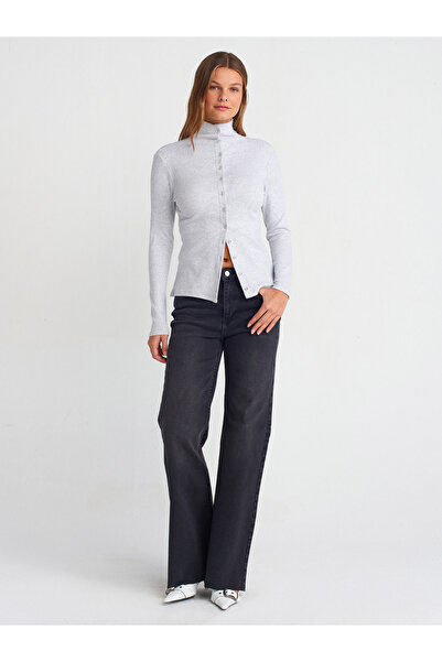 Dilvin 31440 Button Detailed Stand Collar Top-Gray Melange