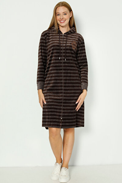 İntensive kahverengi çizgili kapüşonlü kadın uzun kollu pamuklu kadife elbise