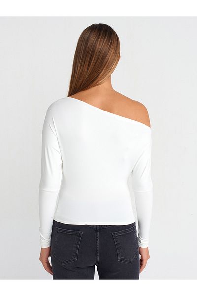 Dilvin 31438 Ecru Asymmetrical Long Sleeve T-Shirt