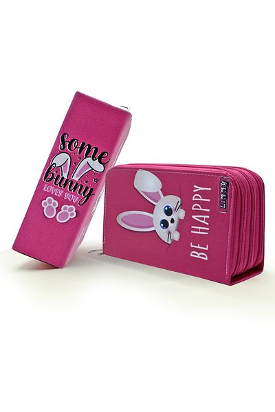 Limmy Pink Rabbit Kawai Vegan Δερμάτινη μολυβοθήκη - Organizer τριών θέσεων