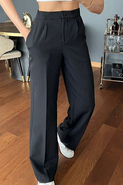 EMİRA LİFE Black Buttoned High Waist Pleated Wide Leg/Wide Cut Knitted Palazzo Pants