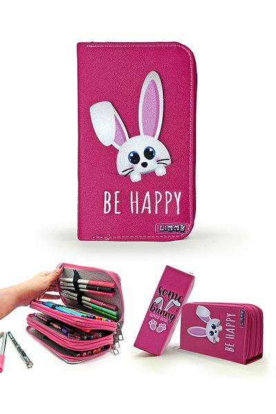 Limmy Pink Rabbit Kawai Vegan Δερμάτινη μολυβοθήκη - Organizer τριών θέσεων