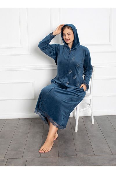 Lady Lingerie Φόρεμα μάξι μεγάλου μεγέθους βελούδινο μπλε με κουκούλα με φερμουάρ