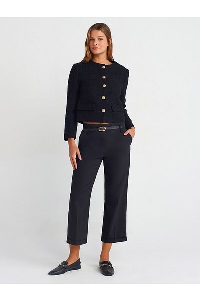 Dilvin 71568 Crooked Mid Waist Belted Trousers-Black