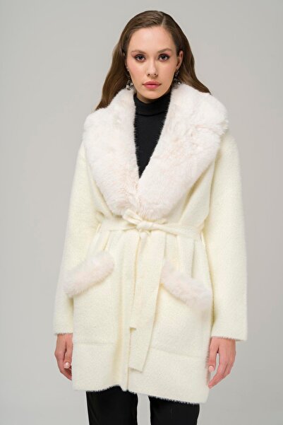 Olcay Μάλλινο παλτό με λεπτομέρεια από γούνα - Ζώνη μέσης, Χαμηλό μανίκι ΛΕΥΚΟ 3972
