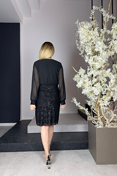 gesmoda G0948 Double Breasted Collar Sequined Evening Dress Black