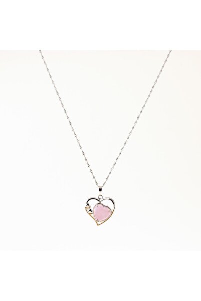 OSMANLI DOĞAL TAŞ Sertifikalı Pembe Kuvars Doğaltaş Kalpli Kolye Ucu, Gümüş Zincirle Birlikte Ku014