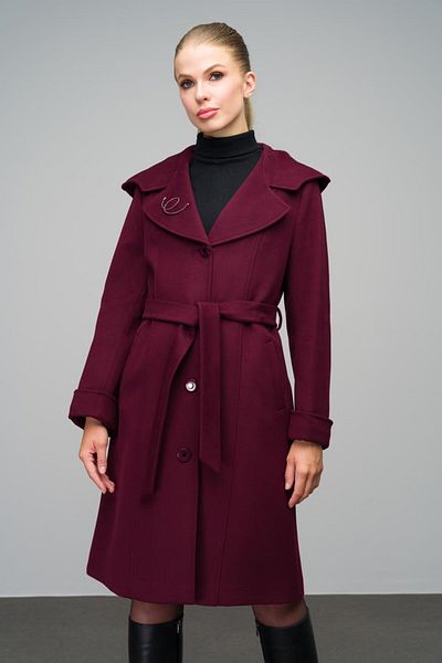 Olcay Claret Red Cashmere Coat - Hooded and Brooch Detailed 3049