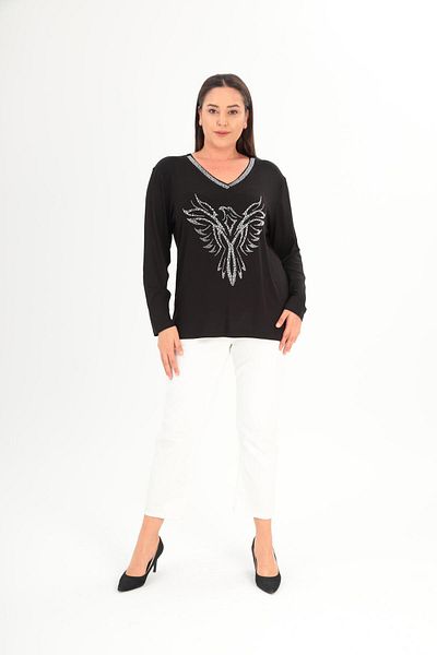 Ebsumu Women's Plus Size Eagle Figure Stone Detailed V-Neck Black and White Blouse - Elegance and Comfort Together