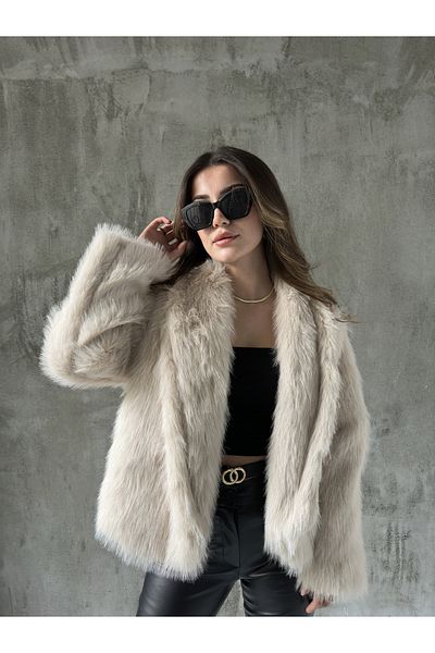 Asfa Moda Women's Beige Shawl Collar Lined Premium Faux Fur Jacket Coat