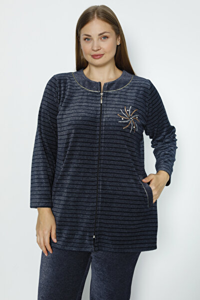 İntensive Women's Navy Blue Striped Stone and Piping Detailed Zippered Cotton Velvet Home Set