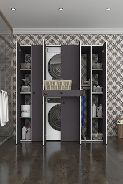 Kenzlife Çamaşır-Kurutma Makinesi Dolabı Nazzam Gri 187*170*60 Çekmeceli Raflı Banyo