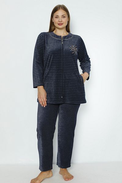 İntensive Women's Navy Blue Striped Stone and Piping Detailed Zippered Cotton Velvet Home Set
