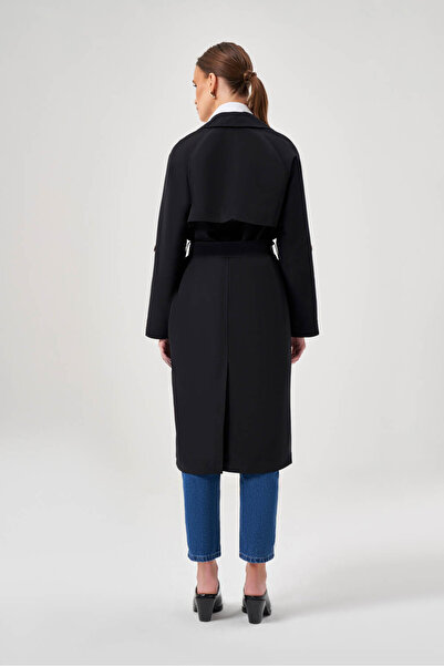 Mizalle Kolları Apoletli Klasik Siyah Trençkot