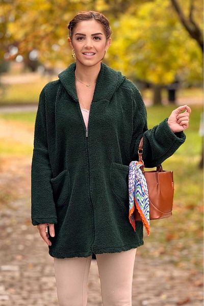 Nevin Kaya Moda Palton de pluș de culoare verde smarald