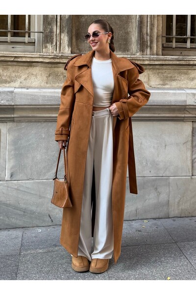 Laluvia Tan Belted Design Suede Trench Coat - 1170002