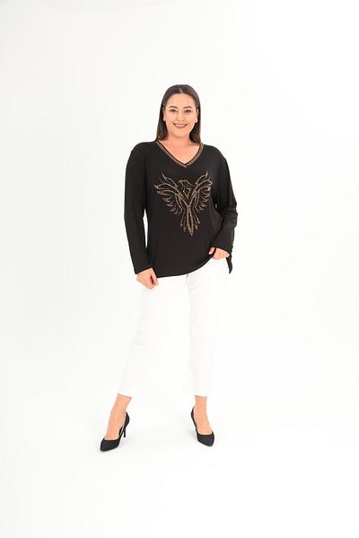 Ebsumu Γυναικεία μπλούζα με φιγούρα Eagle Plus Size με πέτρινη λεπτομέρεια με λαιμόκοψη σε μαύρο και κίτρινο χρώμα - Κομψότητα και άνεση σε ένα