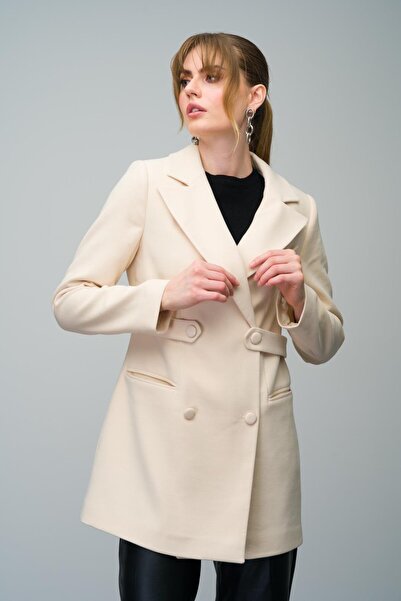 Olcay Double Breasted Short Coat - Belt Detail, ECRU 3017