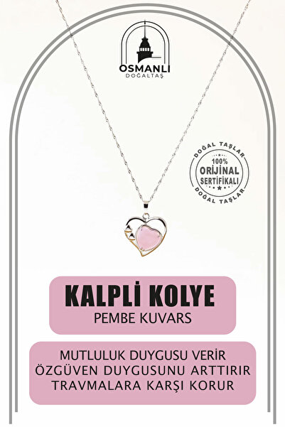OSMANLI DOĞAL TAŞ Sertifikalı Pembe Kuvars Doğaltaş Kalpli Kolye Ucu, Gümüş Zincirle Birlikte Ku014