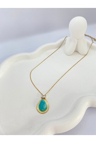 Lucky BE Collection LUCKY B&E MAVİ DAMLA TAŞLI ÇELİK KOLYE GOLD
