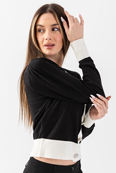 Irmak Kerekli Kadın Siyah Mücevher Düğmeli Triko Hırka 5610