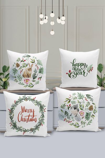 Filamente New Year Christmas Pattern - 4-Piece Throw Pillow Cover Set, Double Sided Digital Printed