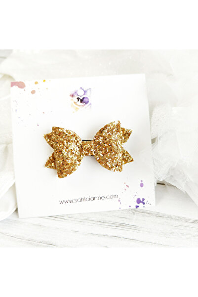 Sahici Anne Koyu Gold Glittery Fiyonk Saçsız Bebek Tokası, 6cm
