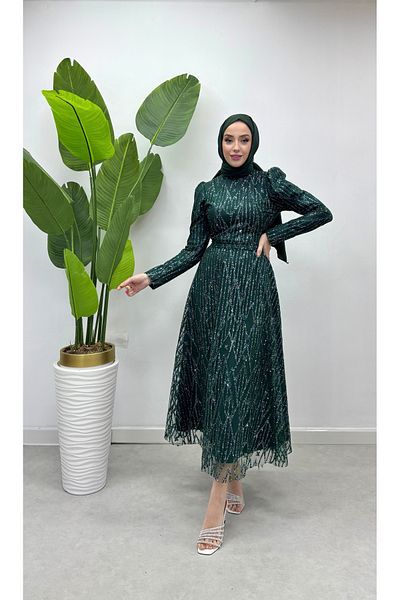 Trendy Butik Emerald Hijab Ayla Women's Evening Dress - Embroidered