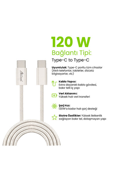 ALLİSON Allison 120W Hızlı Şarj ve Data Kablosu Type-C to Type-C – Extra Daya...