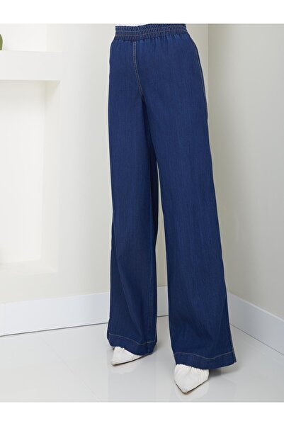 Doque Büyük Beden İnce Dökümlü Kadın Kot Pantolon Beli Lastikli Bol Paça Rahat Kesim 59034