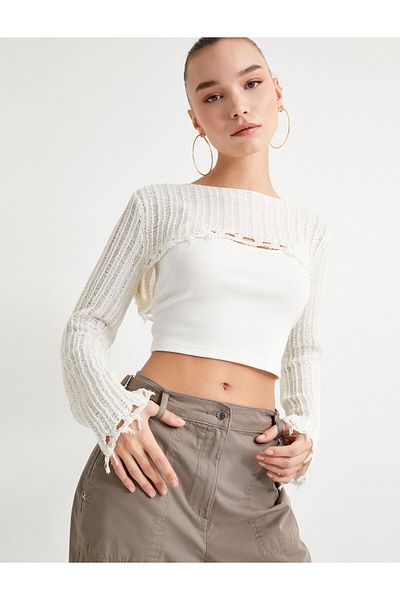 Koton Frayed Openwork Crop Sweater Long Sleeve Round Neck