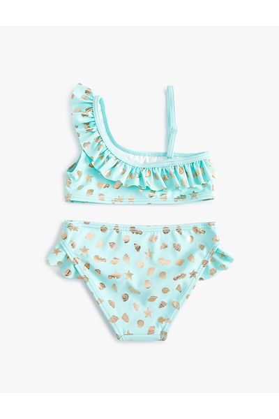 Koton Bikini Set Shiny Printed Ruffle One Shoulder Thin Strap