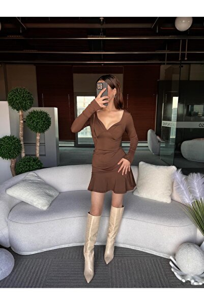 TamSeninTarzin Vivien V Yaka Simetrik Kesim Uzun Kol Elbise