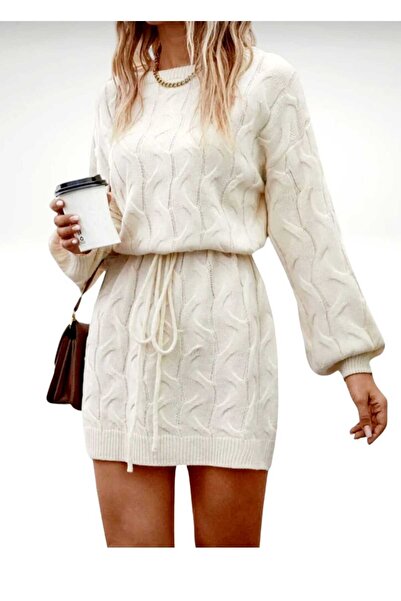 SolQ Off-Shoulder Wrap Print Openwork Model Waist Tied Knitwear Dress