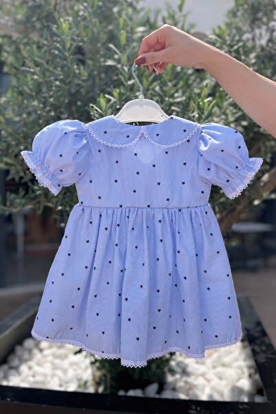 Bertuğ Bebek Dantel Süslemeli Yıldızlı Mavi Kız Çocuk Bebek Pamuklu Elbise