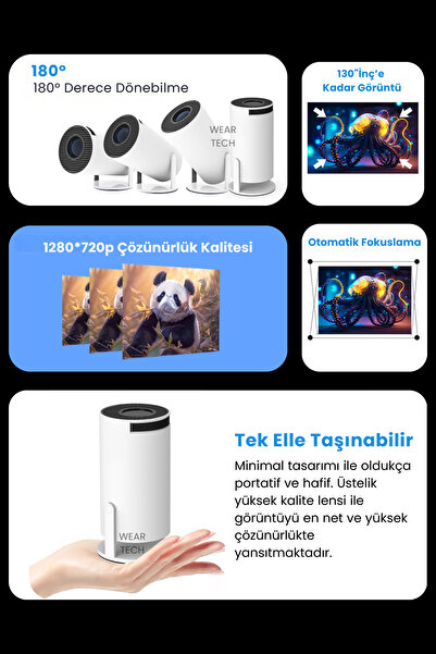 Weartech Taşınabilir Sinema Film Dizi Projeksiyon Cihazı Ev Sineması Dahili Android 11.0 & Bluetooth Destekli