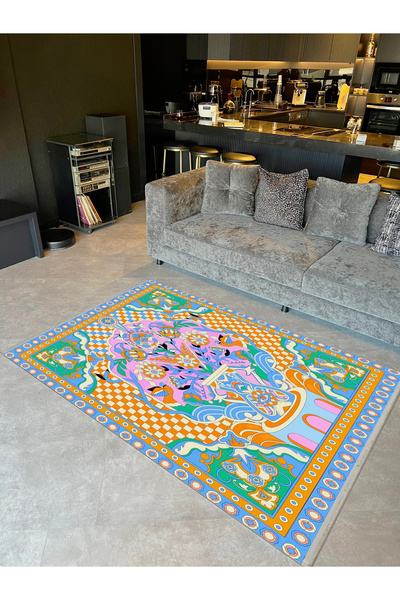 Rugs Modern Halı Özge Koleksiyonu Çok Renkli  Çiçek Ve Dama Detaylı Dokuma Ta...