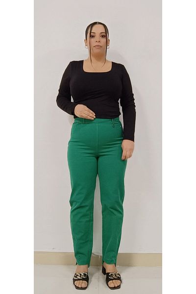 AKŞEN GİYİM Large Size Recovery Size Thin Showing High Waist Green Coton Pant