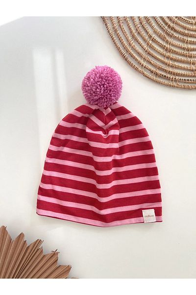 chipiques Pink Red Striped Pompom Thin Combed Cotton Beret
