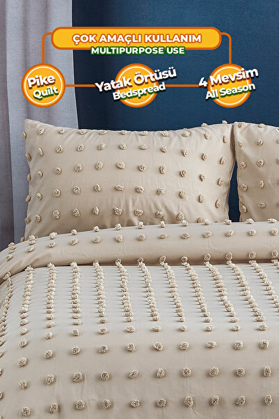 Evlen Home Collection Pamuklu Emmy Kabartmalı Yatak Örtüsü Boho Seti Günlük Çift Kişilik 3 Parça Dolgulu Tufting Bej