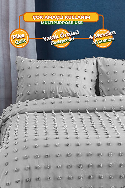 Evlen Home Collection Grey Boho Set - Cotton Emmy Embossed, Double, 3-Piece Filled Bedspread