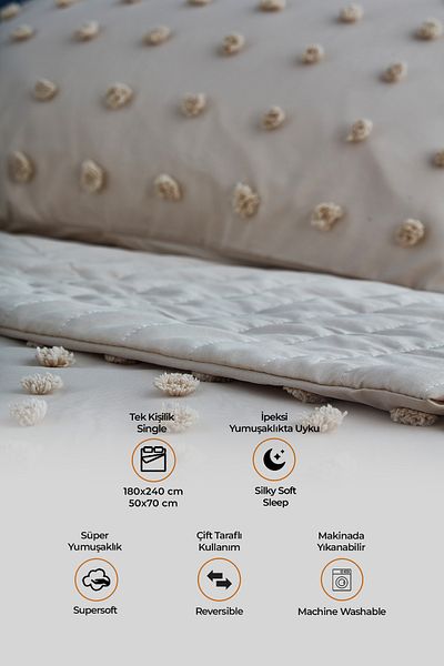 Evlen Home Collection Set cuvertură de pat din bumbac Emmy - o singură dimensiune, stil boho, față-verso, tufting bej 2 piese