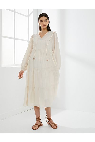 Koton Midi Viscose Dress Balloon Sleeve Tied Collar