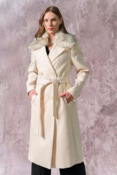 Olcay Detachable Fur Double-Breasted Coat with Waist Ties Ekru 3858