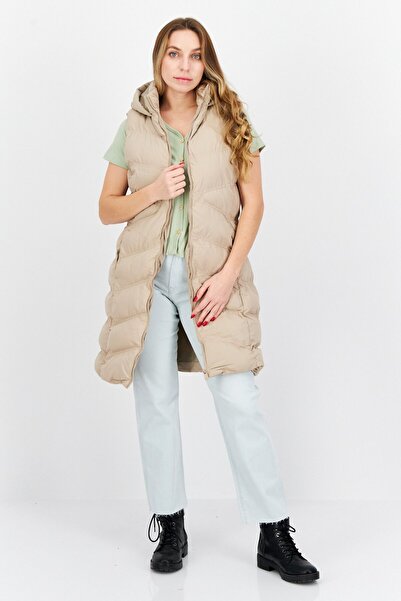 French Connection Women Plain Hooded Vest Jacket, Beige