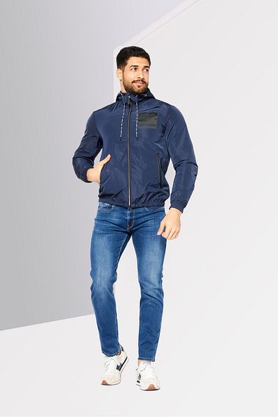 Replay Men Hooded Brand Logo Windbreaker Jacket, Navy Blue