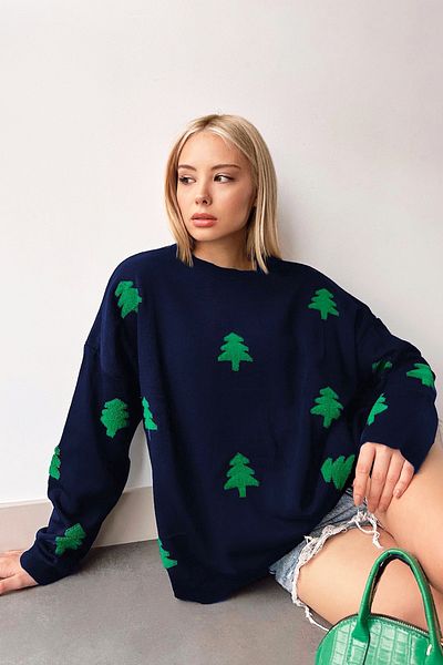 VAGGON Navy Blue Tree Print Knitwear Dress for Women - Crew Neck Prm1343