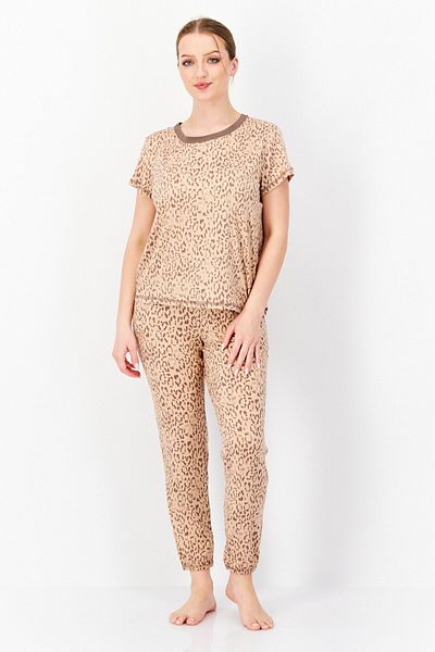 Bearpaw Women 2 Pcs Animal Print Top And Pants Pajama Set, Tan